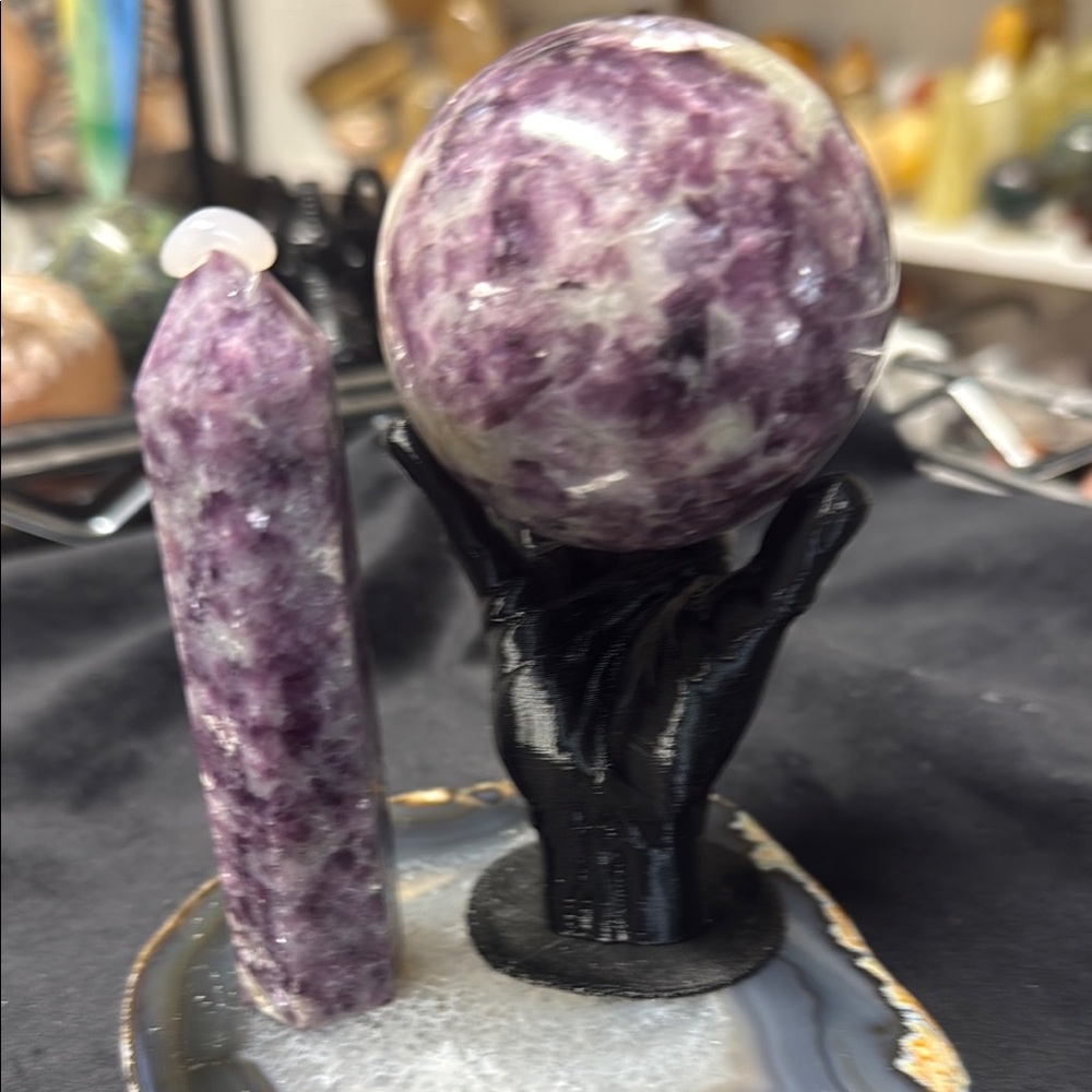 Gemma lepidolite 61mm sphere ,3”3/4 tower and blk 3D printed hand holder